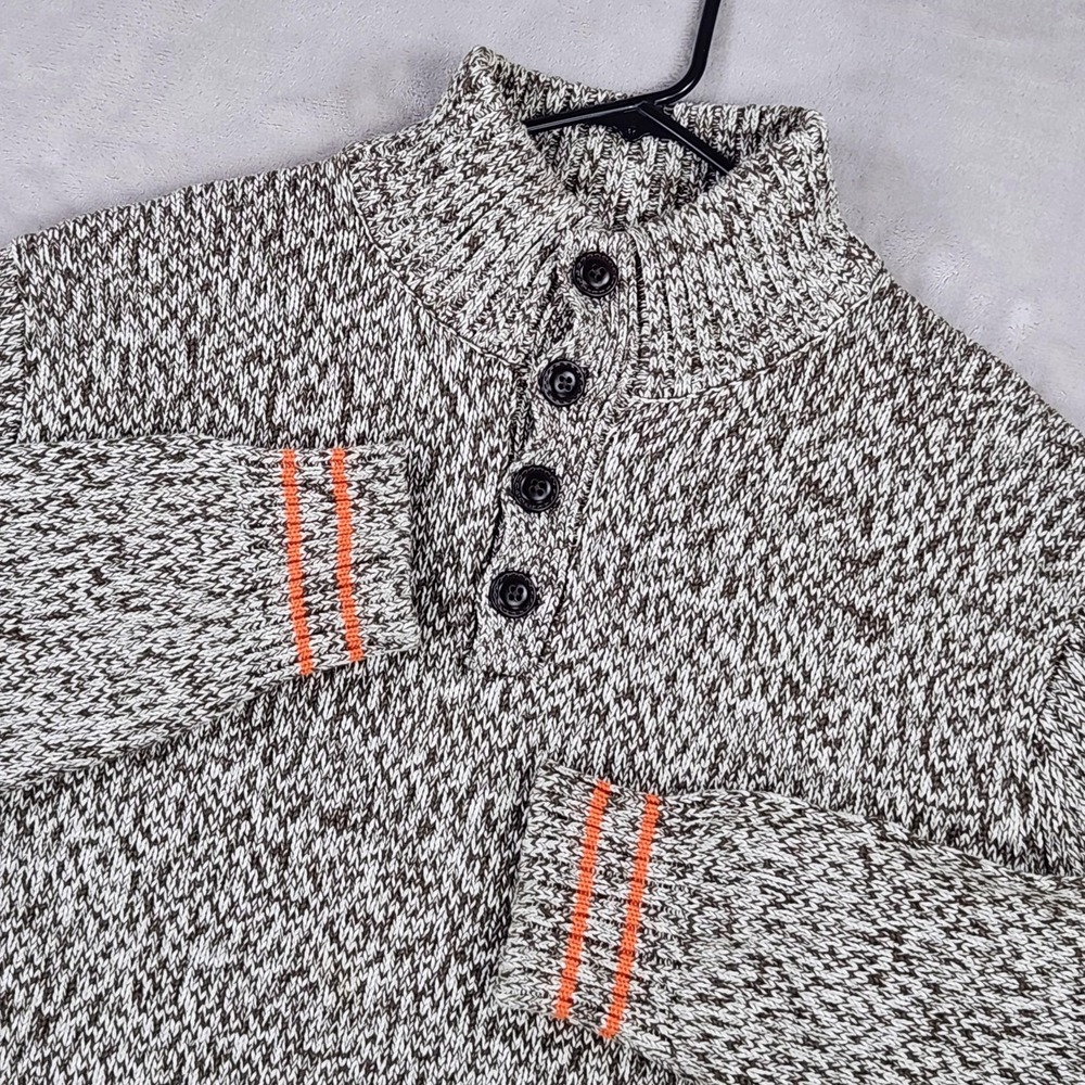 Woolrich Sweater Mens XL Brown Marled Henley Mock Neck Cotton Knit Pullover